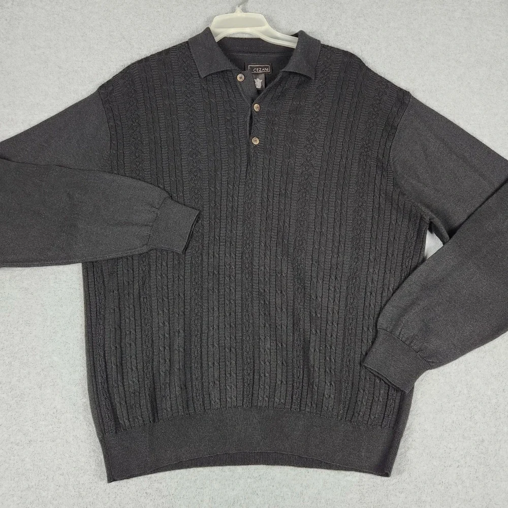 Cezani‎ Polo Sweater Men's XL Black Wool Blend Vertical Cable Knit Long Sleeve